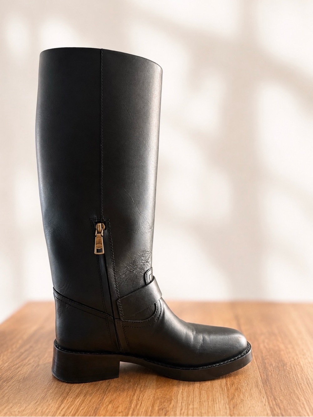 Coach Black Leather Knee High Riding Boots Gold Buckle - Picture 4 of 9